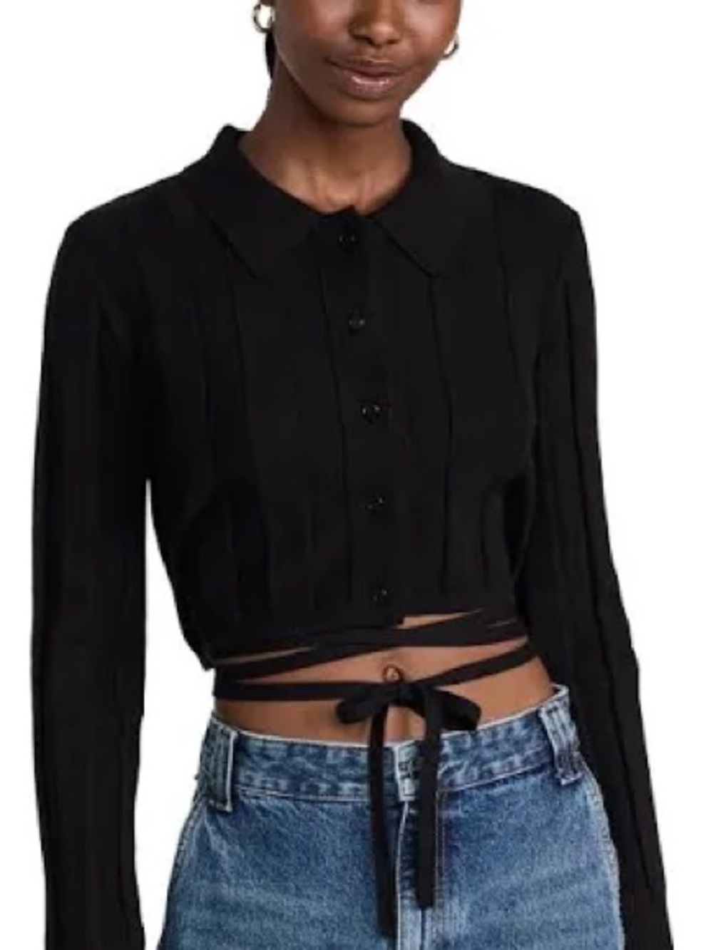 NWT Something Navy Black Cropped Tie-Waist Button Down Shirt